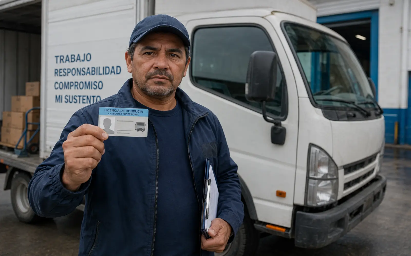 Conductor profesional con su licencia de categoría profesional frente a un camión de reparto