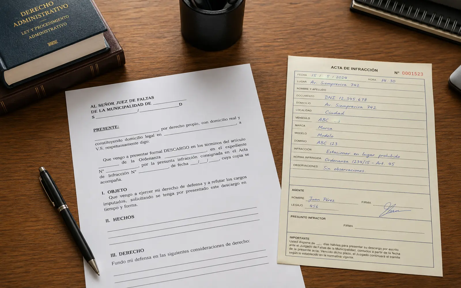 Escrito de descargo y acta de infracción sobre el escritorio del estudio
