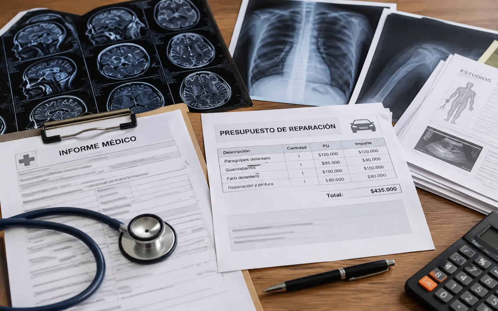 Estudios médicos y presupuesto de reparación reunidos sobre un escritorio