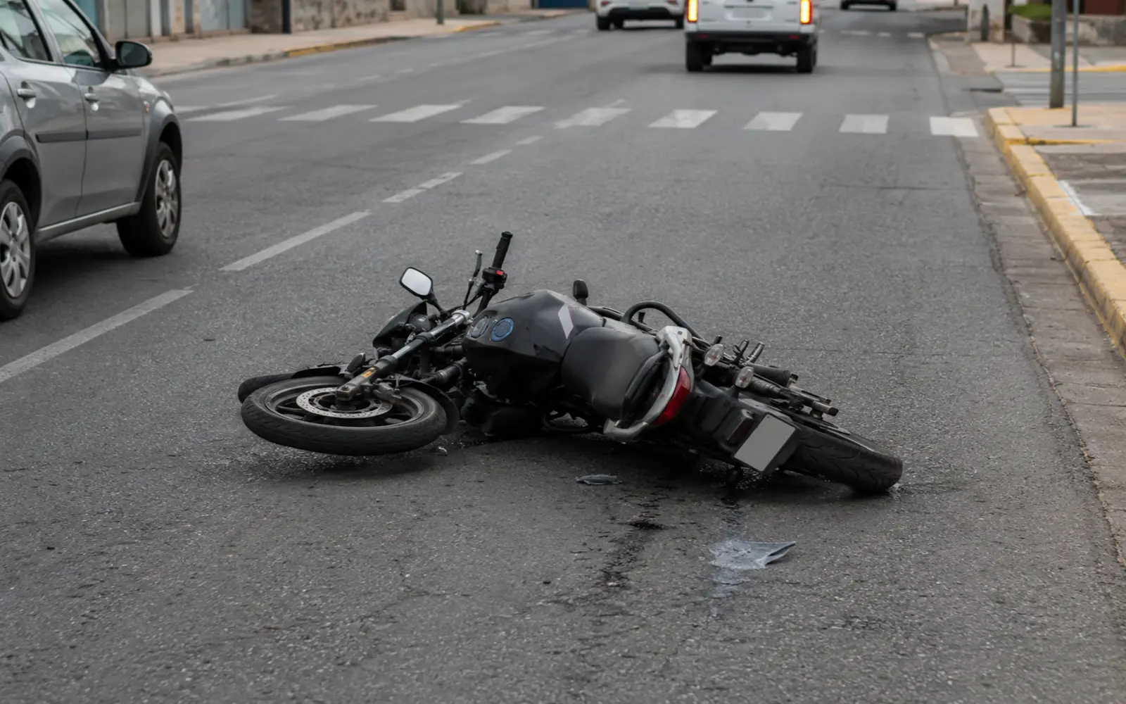 Motocicleta caída sobre la calzada tras un siniestro en la vía pública