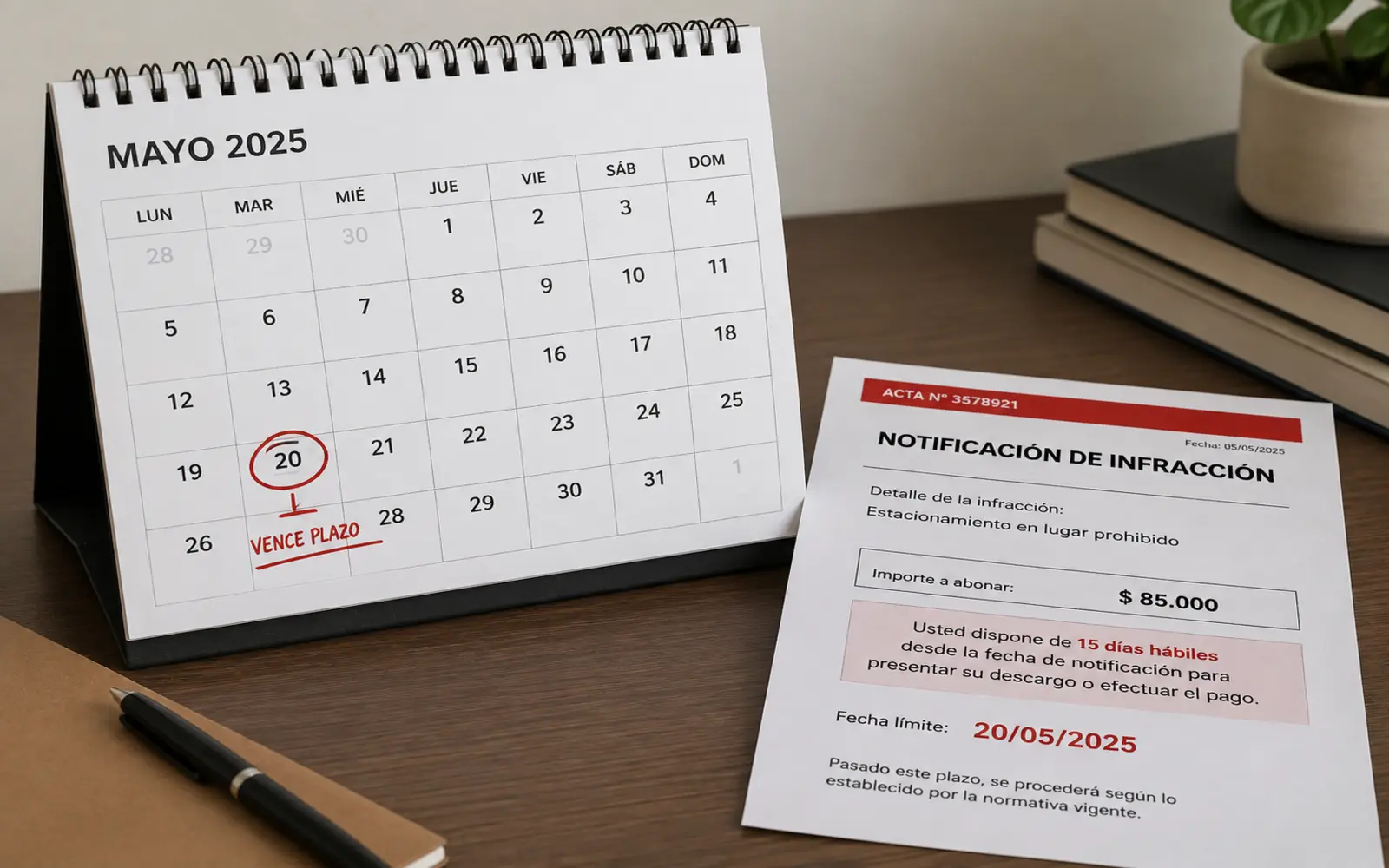 Calendario con una fecha marcada junto a una notificación de infracción
