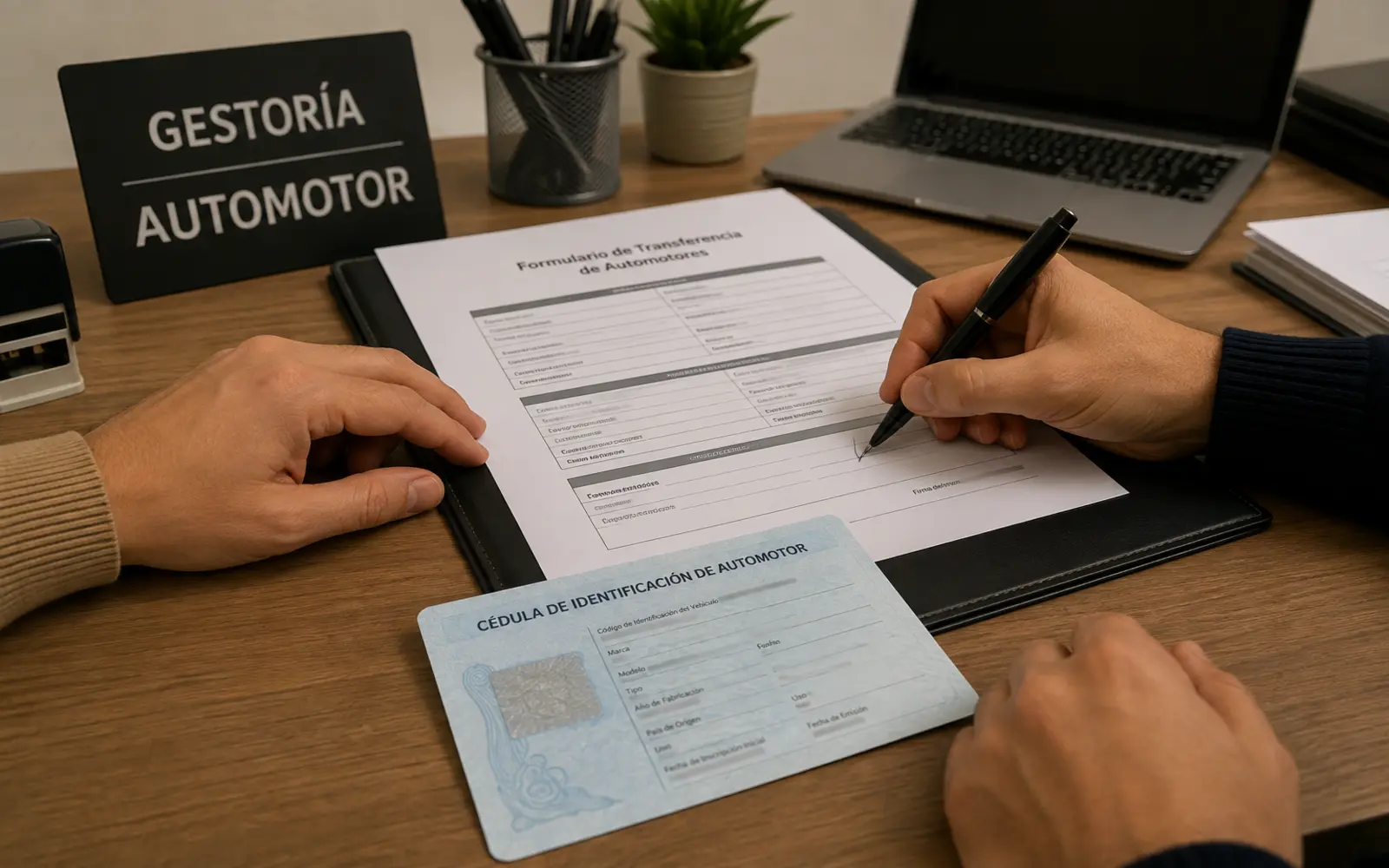 Firma de un formulario de transferencia de automotor junto a la cédula del vehículo